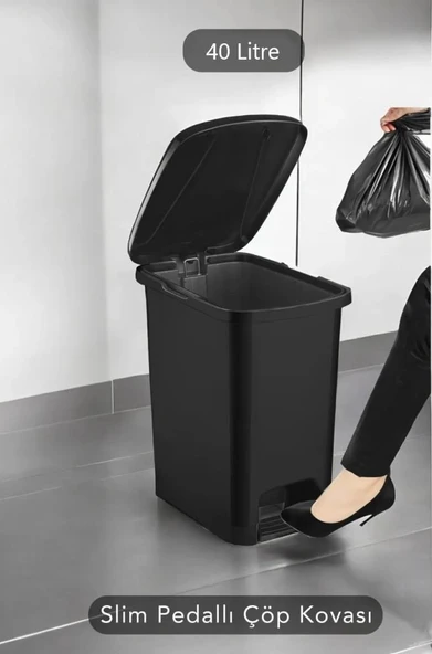 Omnipazar SRL-3030 Slim Pedallı Plastik Çöp Kovası İç Kovalı 40 lt Siyah - Resim 3