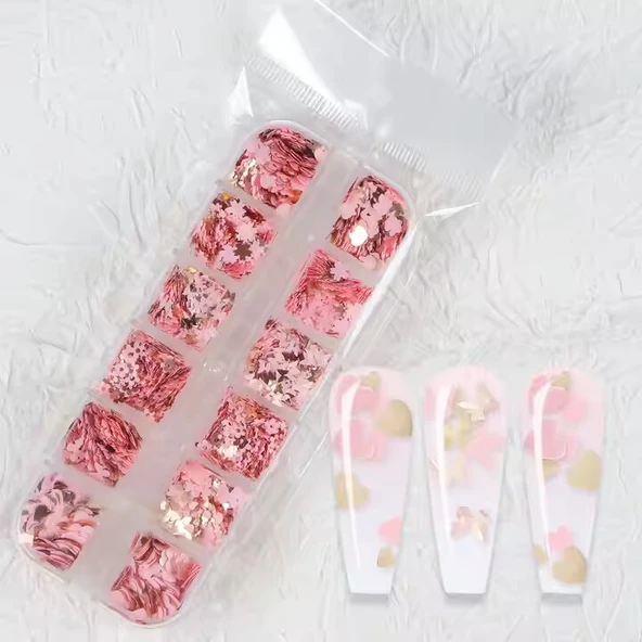 Pembe ve Gold Tırnak Süsleme Folyo Pulları Karışık Dizayn Kelebek Kalp Tavşan Çiçek Nail Art - Resim 5