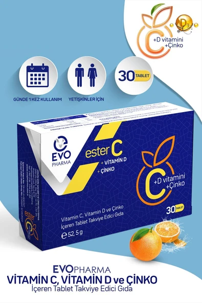 EVOPHARMA Ester C Vitamin D Vitamin C Ve Çinko Içeren Takviye Edici Gıda 30 Tablet ürün görseli 1