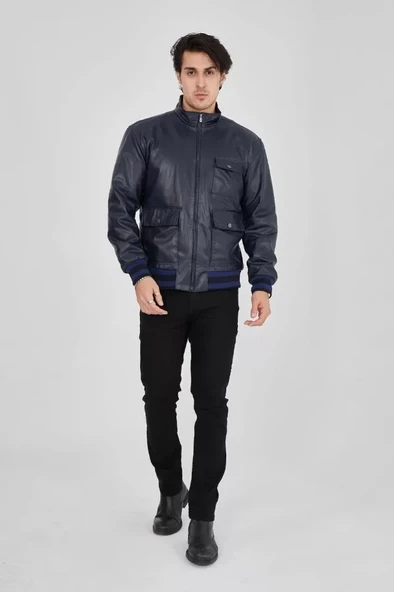 Erkek Fermuarlı İçten Elyaf Ve Astarlı Suni Deri Ceket - Lacivert ürün görseli 1