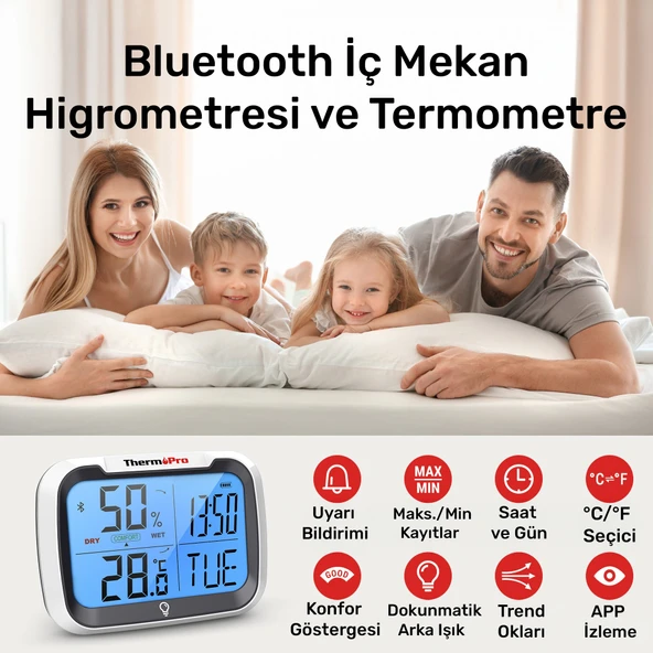 ThermoPro TP393B 7" Wi-Fi İç ve Dış Mekan Sıcaklık, Nem, Basınç Ölçer Geniş Ekranlı Termometre - Resim 6