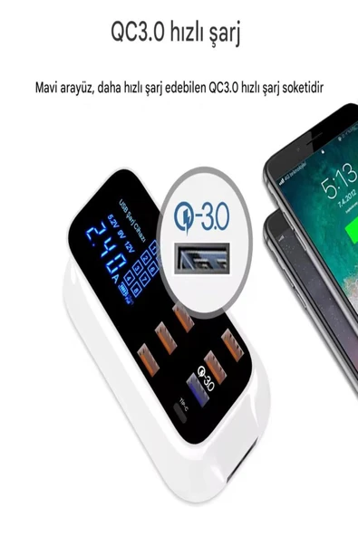 ULTRATEKNO DooLike 8 Port USB Hızlı Şarj İstasyonu QC 3.0 + Type-C Amper LED Göstergeli Akım Koruma 1.5m Kablo - 8