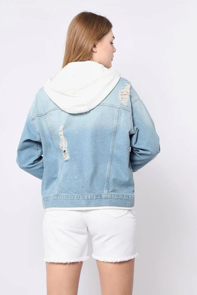 Kadın Garnili Oversize Jean Ceket Açık Mavi - 4