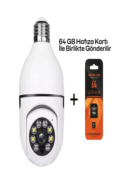 BAYINDIRELEKTRONİK 1080P FHD Ampul Kamera Balık Gözü Lens 360° Panoramik Balıkgözü Ampul Kamera + 64GB Hafıza Kart