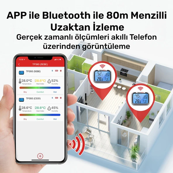 ThermoPro TP393B 7" Wi-Fi İç ve Dış Mekan Sıcaklık, Nem, Basınç Ölçer Geniş Ekranlı Termometre - Resim 5