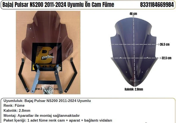 Bajaj Pulsar NS 200 Füme (2011-24) Siperlik Camı ürün görseli