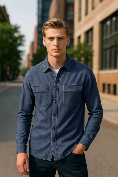 Erkek Cep Detaylı Mavi Jean Gömlek