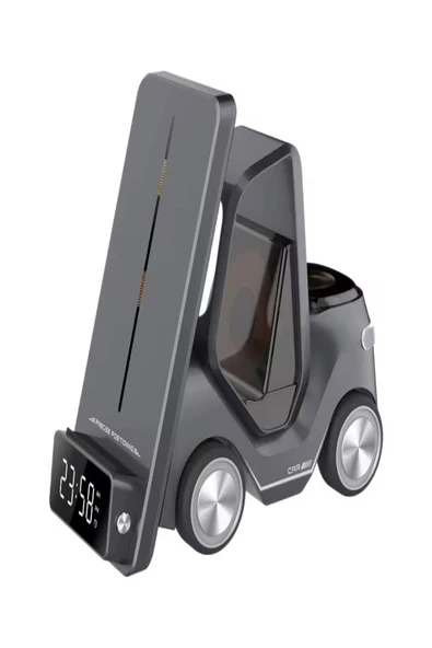ULTRATEKNO T20 15W Dijital Saatli Forklift Şekli 5in1 Masaüstü Kablosuz Magsafe Şarj Standı - 3