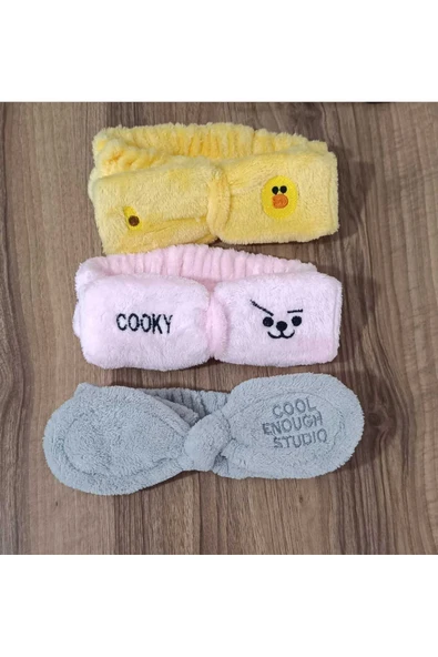 Sekk O Kadın 3 Lü Pembe , Gri ,Sarı  Peluş Saç Bandanası Fiyonklu Makyaj Toka İşlemeli Peluş Bandana - 3