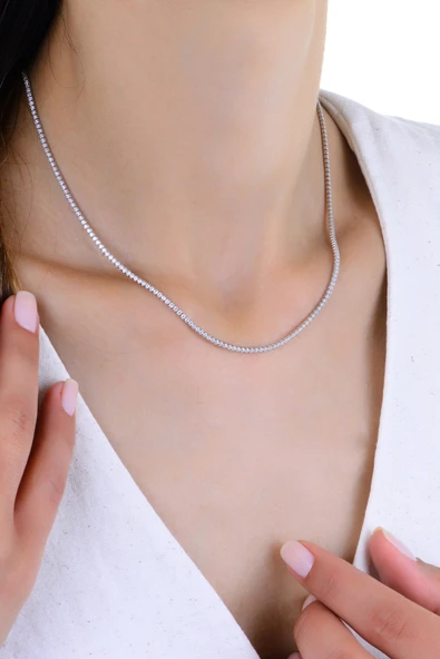 Gümüş beyaz altın rodajlı pırlanta modeli zirkon taşlı su yolu kolye SGTL12954RODAJ ürün görseli