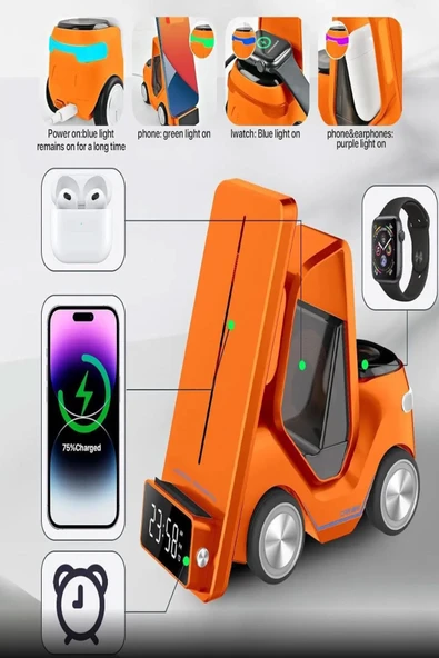 ULTRATEKNO T20 15W Dijital Saatli Forklift Şekli 5in1 Masaüstü Kablosuz Magsafe Şarj Standı - 5