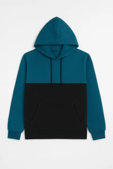 Erkek Kapüşonlu Cepli İçi Polarlı Parçalı Petrol Sweatshirt - Resim 3