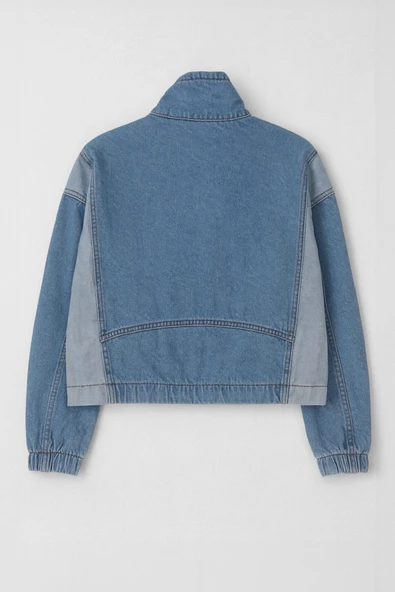 Kadın Renk Bloklu Oversize Jean Ceket - 2