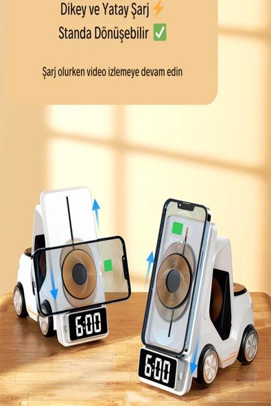 ULTRATEKNO T20 15W Dijital Saatli Forklift Şekli 5in1 Masaüstü Kablosuz Magsafe Şarj Standı - Resim 7