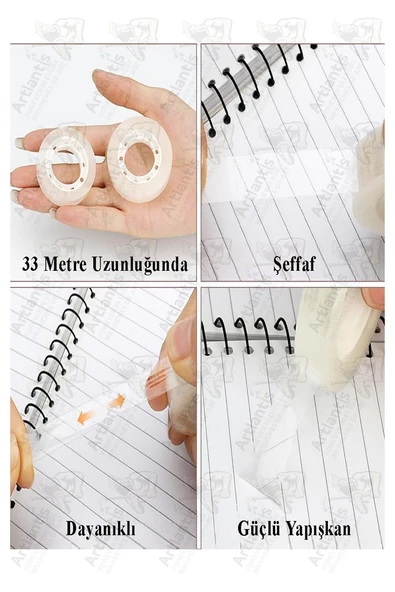 Şeffaf Para Bandı 12mm x 33 Metre 3 Adet Artlantis Şeffaf Okul Ofis Kırtasiye Bantı Yüksek Kaliteli Paketleme Bandı - 5