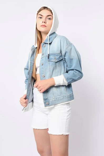 Kadın Garnili Oversize Jean Ceket Açık Mavi - 6