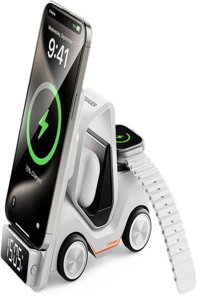 ULTRATEKNO T20 15W Dijital Saatli Forklift Şekli 5in1 Masaüstü Kablosuz Magsafe Şarj Standı ürün görseli 1