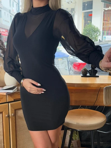 Kadın Balıkçı Yaka Transparan Detay Fırsat ürün Sandy Kumaş Mini Elbise - Resim 9