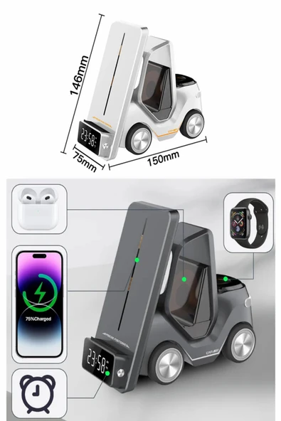 ULTRATEKNO T20 15W Dijital Saatli Forklift Şekli 5in1 Masaüstü Kablosuz Magsafe Şarj Standı - Resim 3