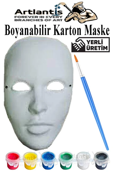 Maske Boyama 1 Paket Boyanabilir Karton Maske Lastikli İnsan Yüzü Suratı Yerli Üretim Fırça Akrilik Boya 6 Renk ürün görseli
