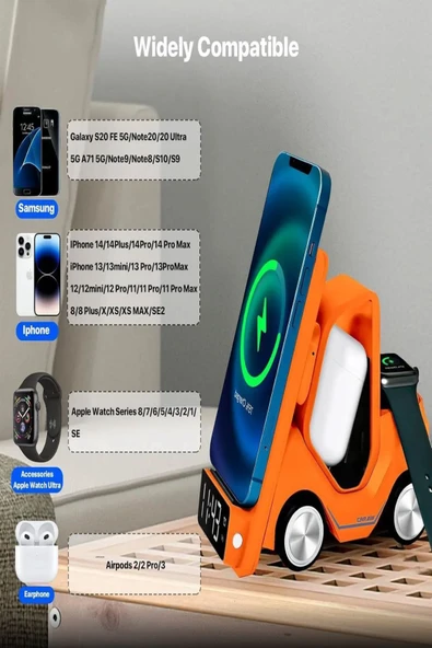 ULTRATEKNO T20 15W Dijital Saatli Forklift Şekli 5in1 Masaüstü Kablosuz Magsafe Şarj Standı - 2