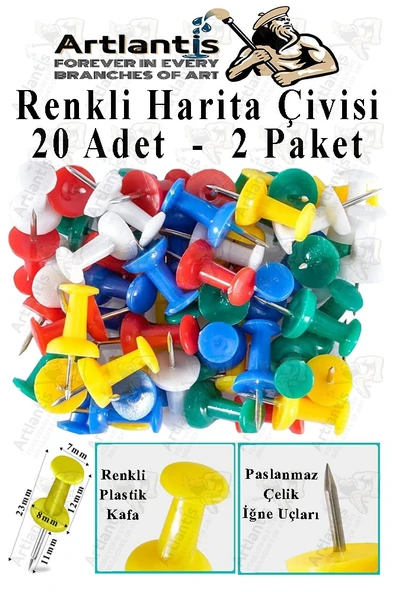 Harita Çivisi Renkli 20 li 2 Adet Renkli Plastik Mantar Pano Raptiyesi Pano İğnesi Ofis Okul Büro Renkli Harita Çivisi