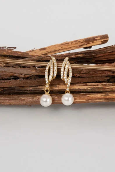 Gümüş altın yaldızlı zirkon taşlı sallantılı inci küpe SGTL13021GOLD - Resim 4