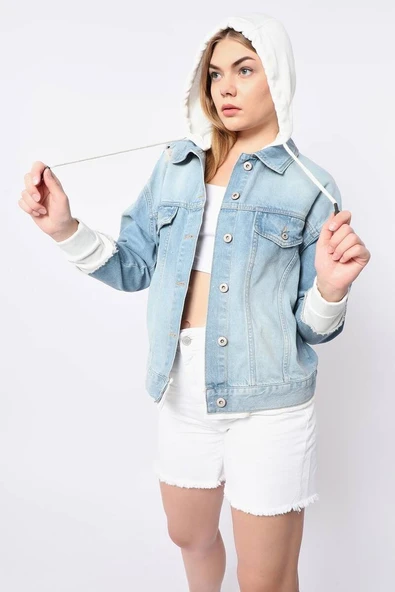 Kadın Garnili Oversize Jean Ceket Açık Mavi - 7