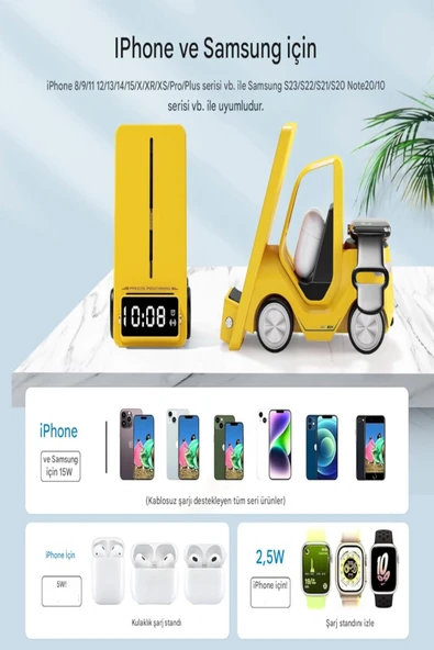 ULTRATEKNO T20 15W Dijital Saatli Forklift Şekli 5in1 Masaüstü Kablosuz Magsafe Şarj Standı - Resim 2