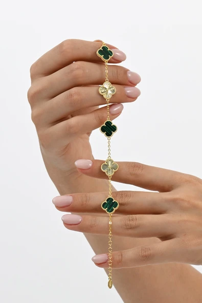 Gümüş altın yaldızlı malakit (malahit) taşlı tasarım yonca bileklik SGTL12560YESIL ürün görseli