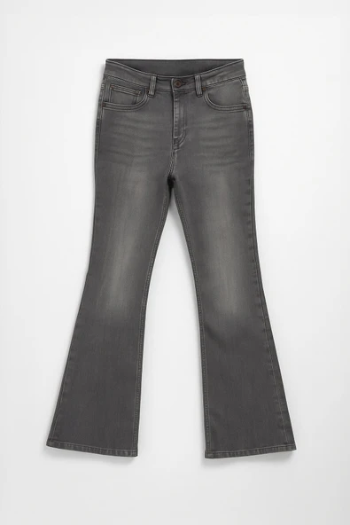 Kadın İspanyol Paça Likralı Esnek Gri Flare Jean Pantolon - Resim 2