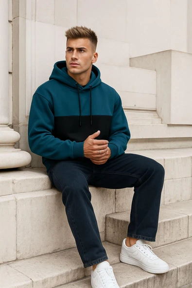 Erkek Kapüşonlu Cepli İçi Polarlı Parçalı Petrol Sweatshirt ürün görseli