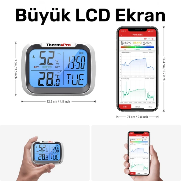 ThermoPro TP393B 7" Wi-Fi İç ve Dış Mekan Sıcaklık, Nem, Basınç Ölçer Geniş Ekranlı Termometre - Resim 2