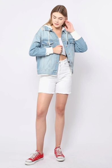 Kadın Garnili Oversize Jean Ceket Açık Mavi - 3