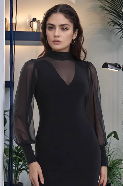 Kadın Balıkçı Yaka Transparan Detay Fırsat ürün Sandy Kumaş Mini Elbise - Resim 7