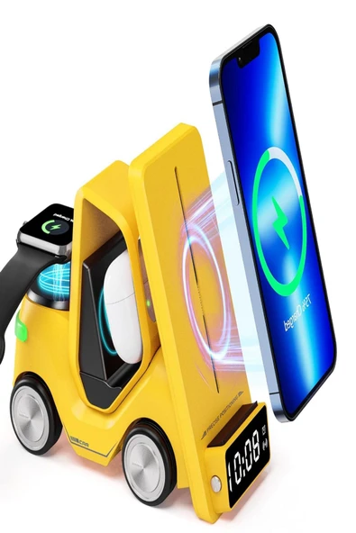 ULTRATEKNO T20 15W Dijital Saatli Forklift Şekli 5in1 Masaüstü Kablosuz Magsafe Şarj Standı ürün görseli
