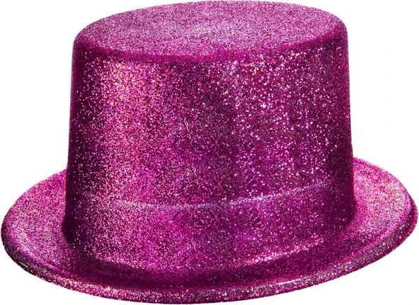 Fuşya Pembe Renk Parıltılı Simli Fötr Silindir Parti Şapkası - Resim 2