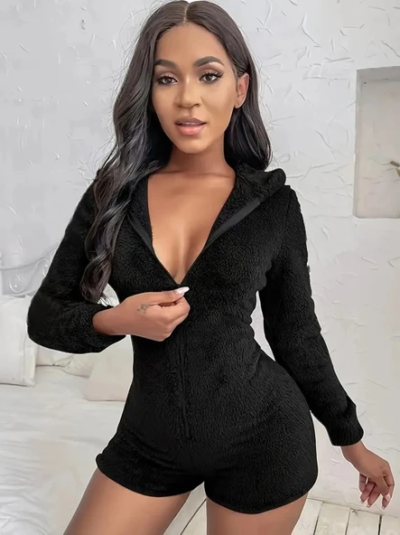 Kadın Uzun Kollu Kapişon Ve Fermuar Detaylı Peluş şort Tulum - Resim 3