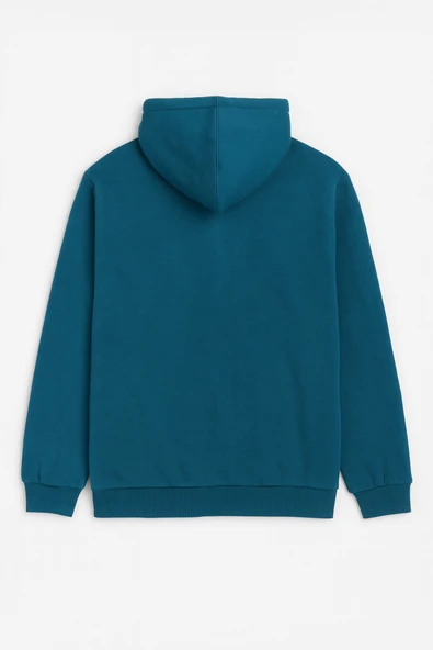 Erkek Kapüşonlu Cepli İçi Polarlı Parçalı Petrol Sweatshirt - Resim 4