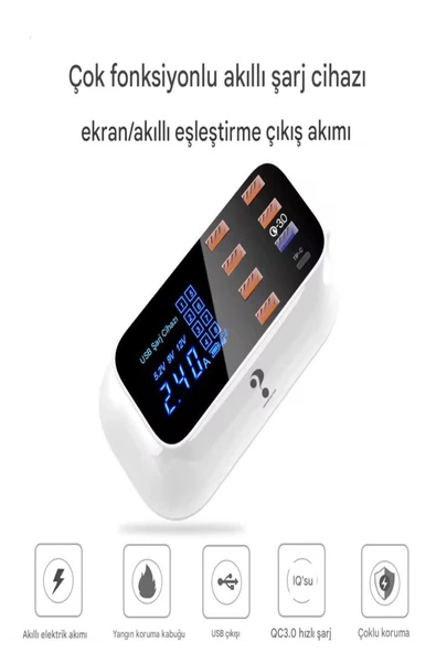 ULTRATEKNO DooLike 8 Port USB Hızlı Şarj İstasyonu QC 3.0 + Type-C Amper LED Göstergeli Akım Koruma 1.5m Kablo - 5