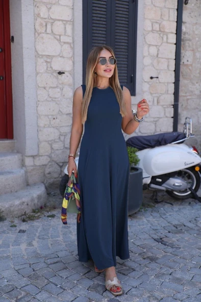 Kadın Sıfır Kollu Bisiklet Yaka Viskon Elbise - Resim 3