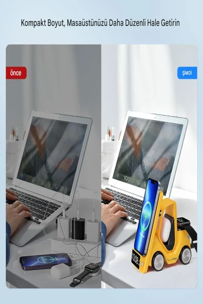 ULTRATEKNO T20 15W Dijital Saatli Forklift Şekli 5in1 Masaüstü Kablosuz Magsafe Şarj Standı - Resim 3