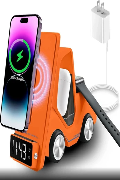 ULTRATEKNO T20 15W Dijital Saatli Forklift Şekli 5in1 Masaüstü Kablosuz Magsafe Şarj Standı
