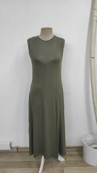 Kadın Sıfır Kollu Bisiklet Yaka Viskon Elbise - Resim 6