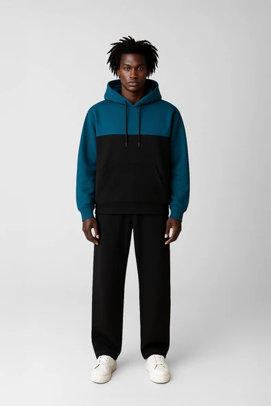 Erkek Kapüşonlu Cepli İçi Polarlı Parçalı Petrol Sweatshirt - Resim 2