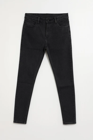 Kadın Yüksek Bel Skinny Fit Likralı Antrasit Jean Pantolon - Resim 2