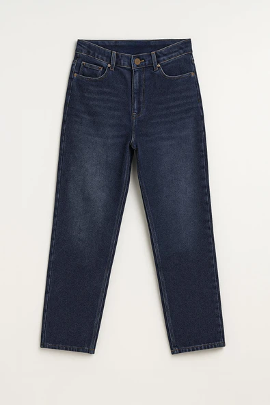 Kadın Yüksek Bel Mom Fit İndigo Jean Pantolon - 2