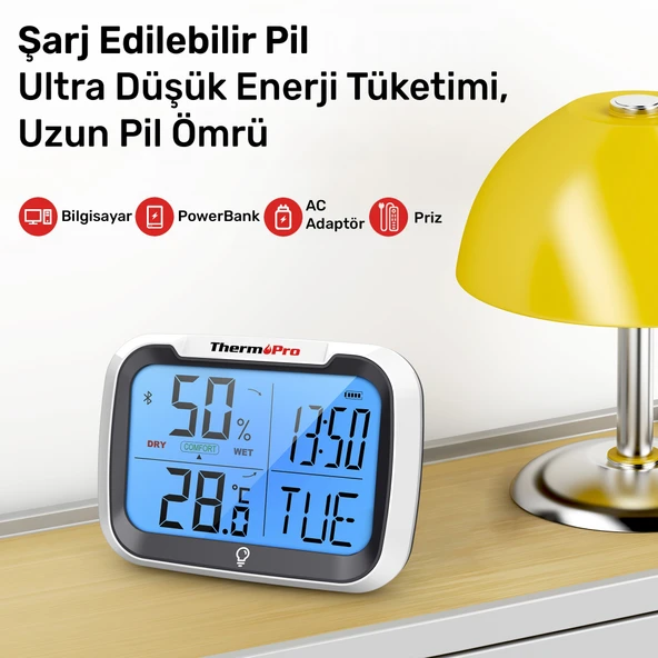 ThermoPro TP393B 7" Wi-Fi İç ve Dış Mekan Sıcaklık, Nem, Basınç Ölçer Geniş Ekranlı Termometre - Resim 3