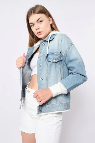 Kadın Garnili Oversize Jean Ceket Açık Mavi - 2
