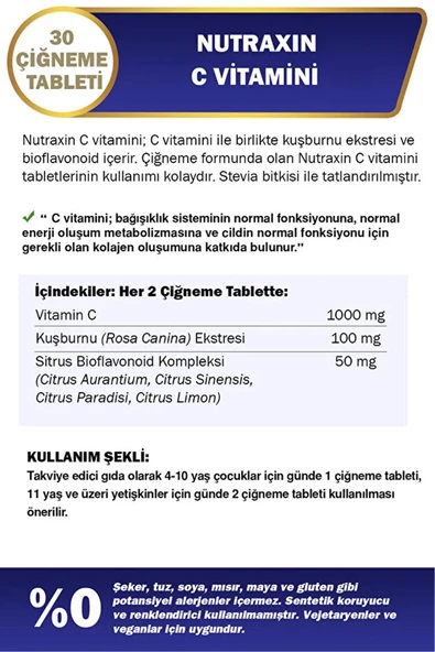 Nutraxin Vitamin C 500 mg 30 Çiğneme Tablet 2 Adet - Resim 2